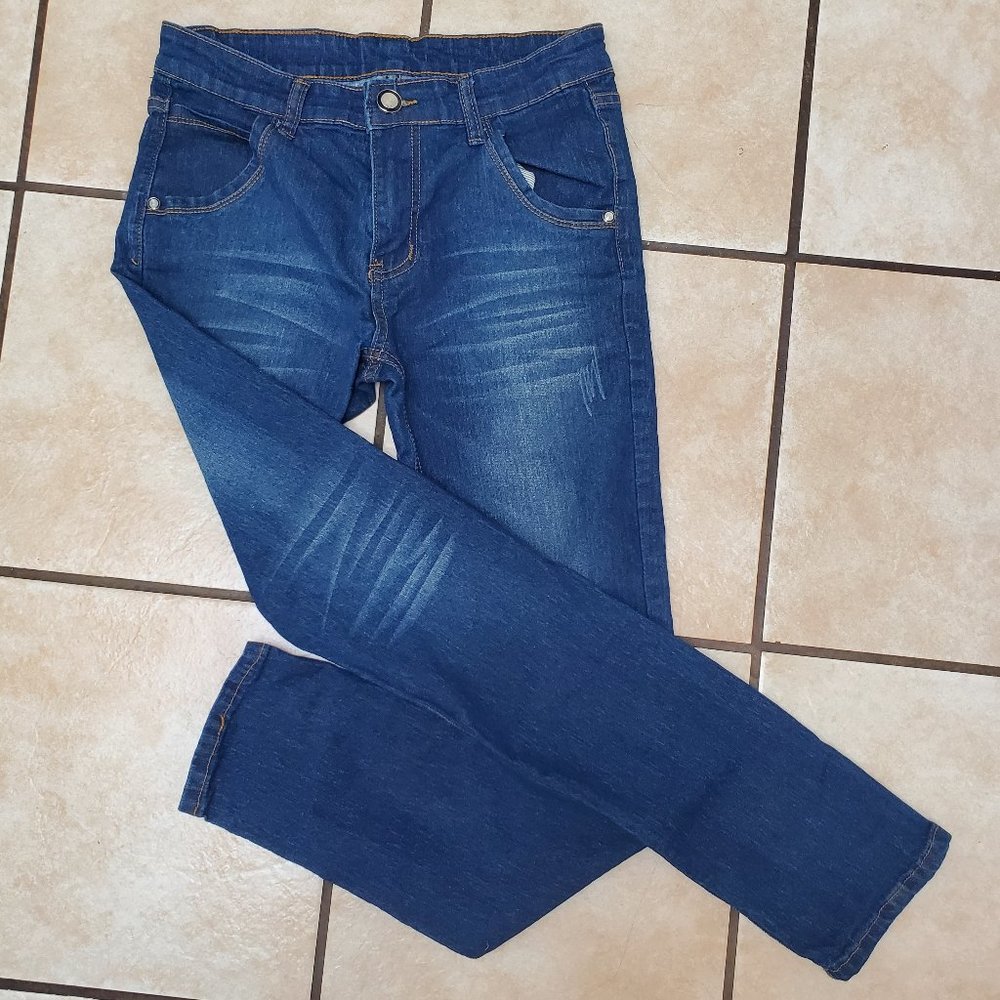 Blue Distress Fade Denim Stretch Skinny Slim Straight Jeans